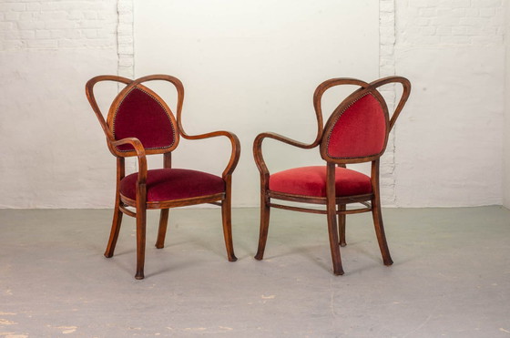 Image 1 of Red Velvet Heartshaped Wooden Vintage Design Side Chairs. Set of 2. 1950s.