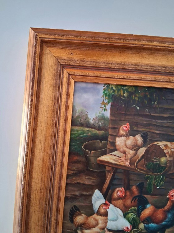 Image 1 of ORIGINAL Ölgemälde auf Holzplatte inkl. Rahmen | Hühner/Bauernhof | Signiert