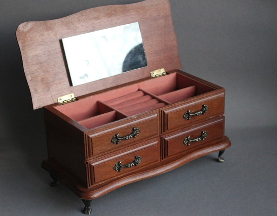 Image 1 of Vintage houten sieradendoos op metalen pootjes, massief hout, met 1 lade