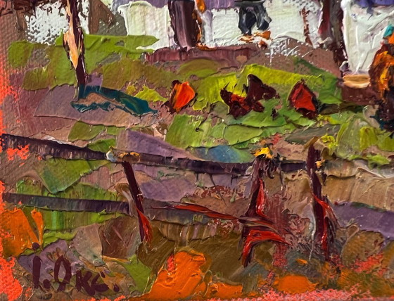 Image 1 of Original Oil Painting Rural Evening Landscape Pink Sunset Over The Village