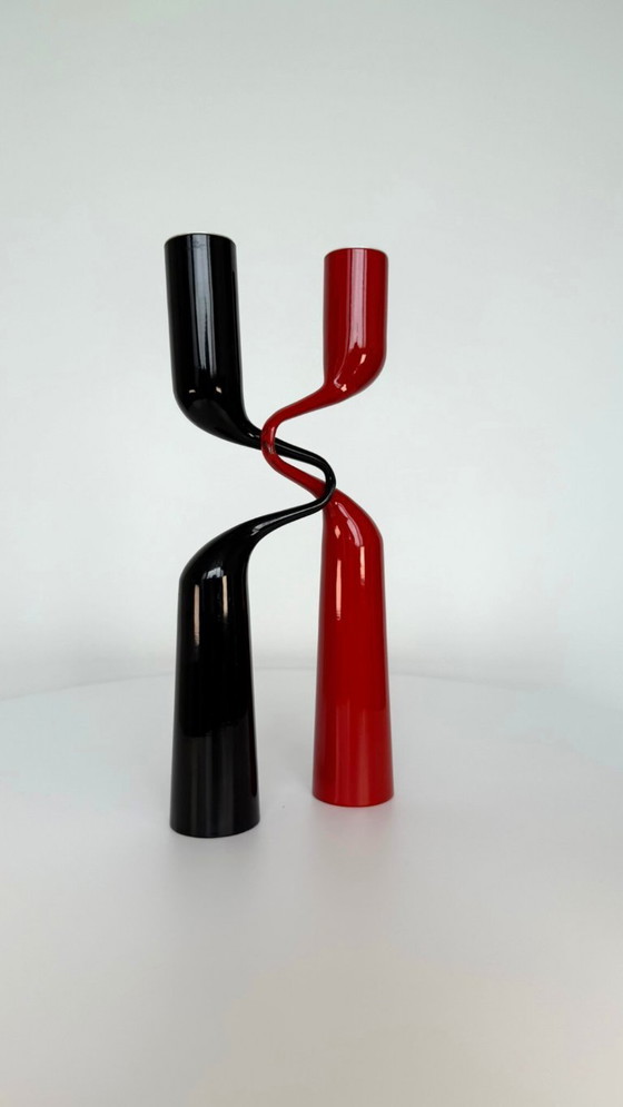 Image 1 of Red and black 'Tango' candlesticks designed by Mikaela Dörfel for Menu Denmark