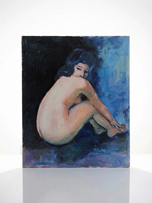 Large painting of a nude woman from behind, modern oil on panel, vintage style
