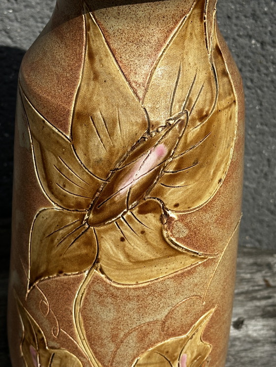 Image 1 of Vaso Vintage céramique années 60 décor floral - signé Vallauris H 20 cm