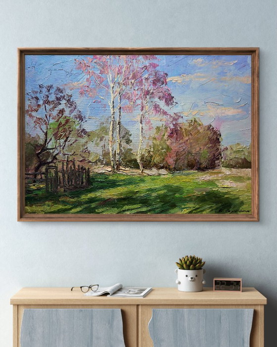 Original Oil Painting Nature Landscape Meadow Trees Outskirts, Paintings & Drawings, Canvas, Green (photo 3 of 7)