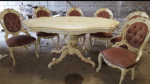 Wit craquelé barok eetkamer met 6 stoelen 