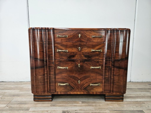 Commode Art déco des années 1940 en noyer, à 4 tiroirs et poignées en laiton