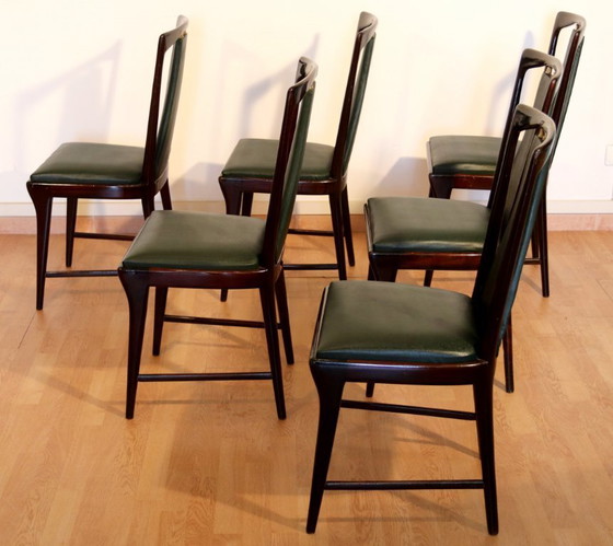 Image 1 of Set of 6 mid-century chairs by Osvaldo Borsani, Atelier Borsani Varedo, mahogany, rosewood, leather, and brass, Italy, 1950s