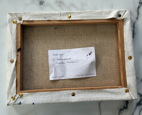 Image 1 of Antique oil painting on canvas, still life with a goldfinch