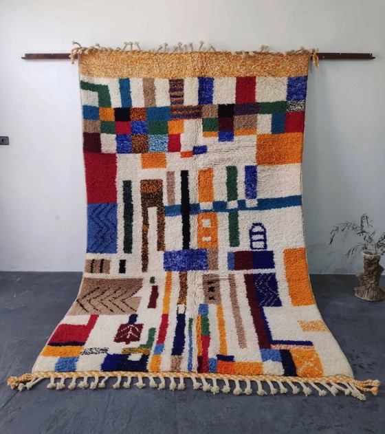 Grand tapis Beni Ouarain abstrait multicolore, design mosaïque moderne 3x2m – Laine, Coton (photo 3 of 3)