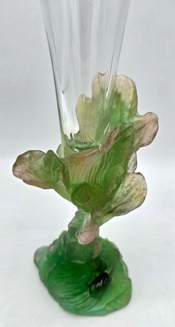 Image 1 of Daum - soliflore vase in crystal and green glass paste with vegetal decoration