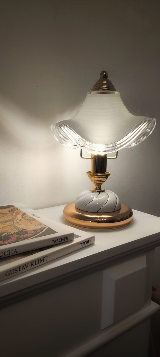 Image 1 of Vintage Hollywood Regency Table Lamps, Set of 2, Wavy Ribbed Opaline Glass, White and Gold Retro Bedside Lighting