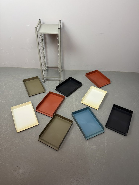 Image 1 of Mid-Century Industrial Gispen Modular Office Trolly with 9 Colorful Pull-Out Bins, The Netherlands 1960s-1970s.