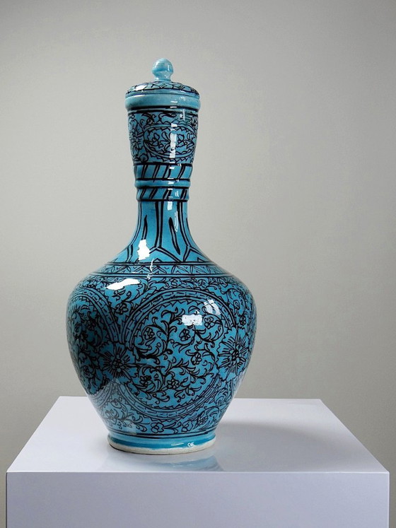 Image 1 of Covered vase or Persian jar, glazed Iznik pottery, turquoise painted, vintage