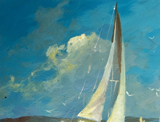 Image 1 of Dipinto ad olio originale, Paesaggio marino estivo, Viaggio in mare e canto degli uccelli