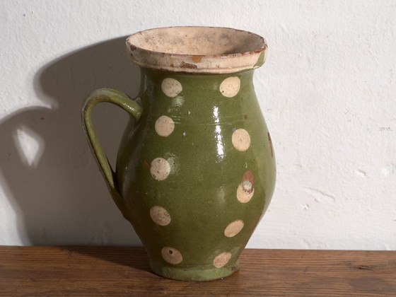 Coppia di brocche antiche in ceramica smaltata, Europa Centrale, circa 1920, Stoviglie, Verde (foto 10 di 11)