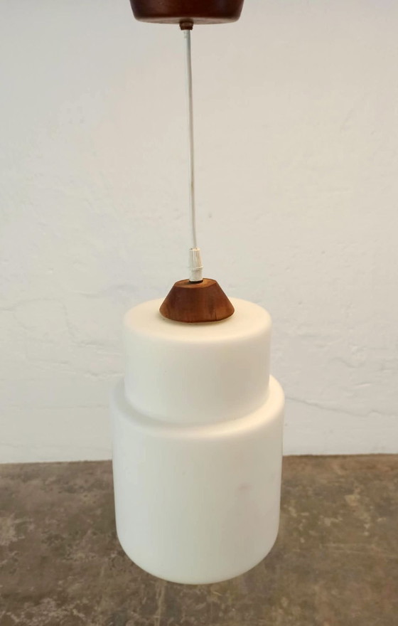 Vintage opaline glass and wood pendant lamp, Brown (photo 7 of 14)