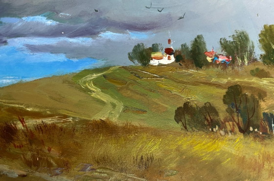 Image 1 of Dipinto ad olio originale: Paesaggio estivo con campo coperto da nuvole grigie