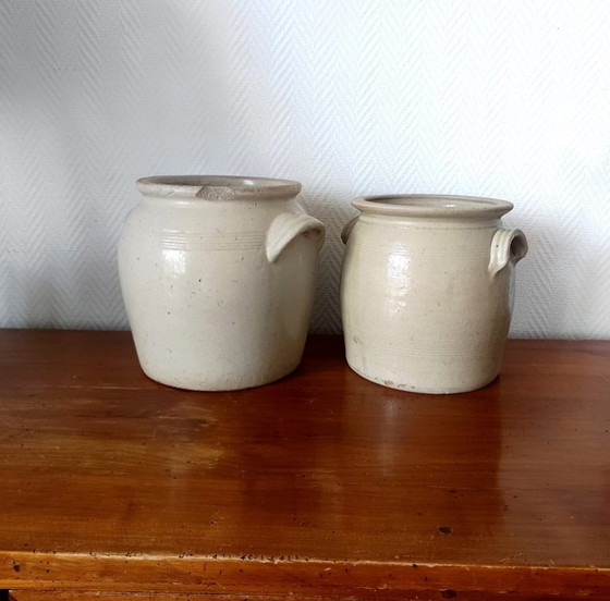2x glasierte Steingut-Fettgefäße 1900, Dekorative Objekte, Keramik, Beige, Vintage (Foto 4 von 7)