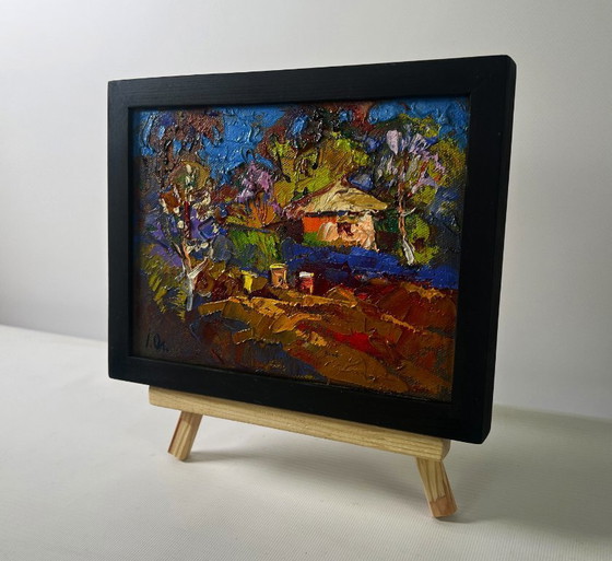 Image 1 of Original Oil Painting Colorful Village Landscape Evening ray over spring fields