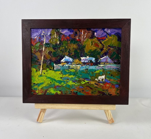 Original Oil Painting Summer Houses Landscape On the edge of the village — time stops