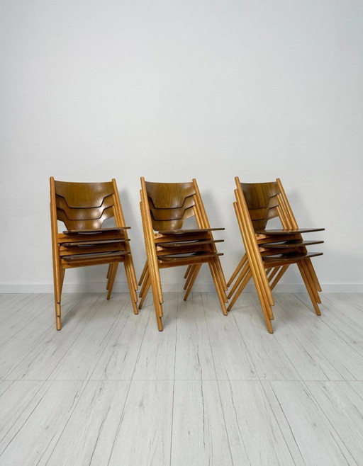 Vintage Hiller stapelbare multiplex stoelen, Duitsland, jaren 1950, in de stijl van Egon Eiermann.