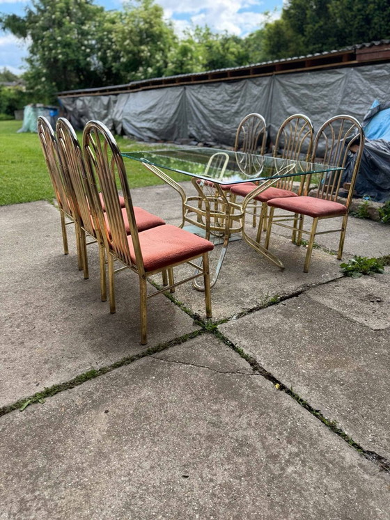 Italian Brass Dining Table and Chairs, 1970s, Set of 7 – Dining set, Glass, Hollywood Regency (photo 8 of 9)
