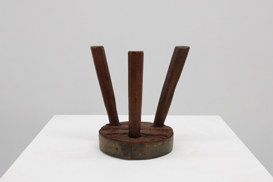 Image 1 of Brutalist French Solid Oak Tripod Stool with Metal Rim, 1850s