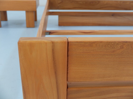 Image 1 of Bed frame and bedside tables, set of 3, solid elm wood, Regain France certified edition, year 1980