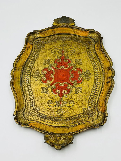 Grande vassoio fiorentino, stile barocco, oro giallo, vintage anni '70