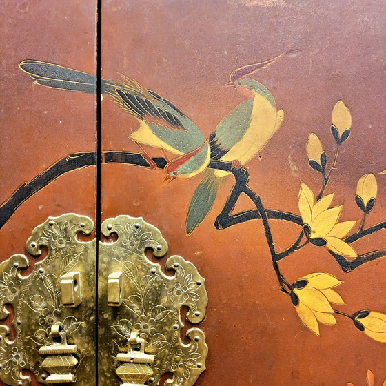 Image 1 of Mobile cinese rosso vintage uccelli, fiori / mobile bohémien / mobile orientale / mobile cinese rosso
