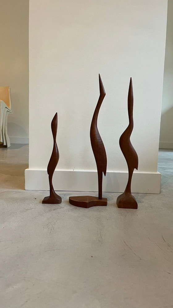Image 1 of Estatuas de grúas de madera antiguas de teca y garza