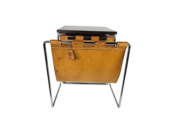 Image 1 of Dutch Design - Brabantia Holland - Mime Set - Reading Rack - Vintage Side Table With Cognac Saddle Leather Reading Rack - 60's