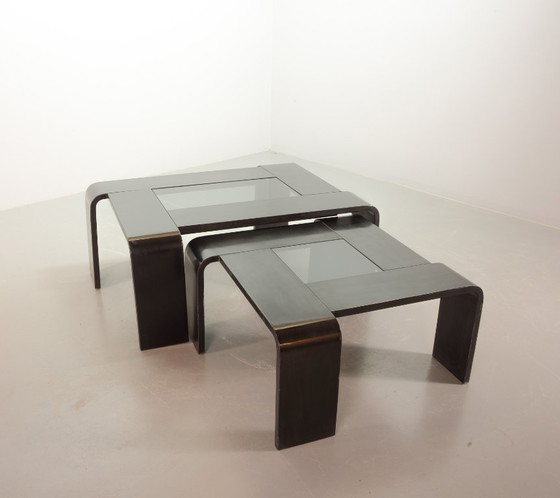 Image 1 of Vierkante Ake Fribyter Stijl Zwart Gelakt Multiplex Salontafel met Rookglas Paneel, 1970.