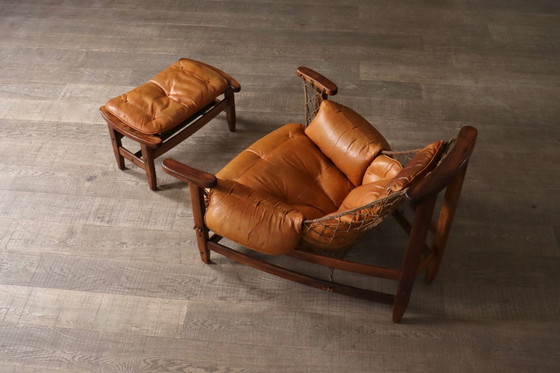 Image 1 of Sillón Jangada con otomana en piel color coñac, de Jean Gillon, Brasil, década de 1960.
