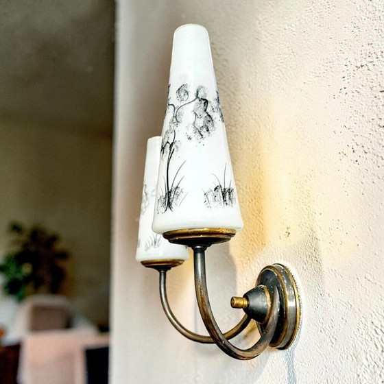 Image 1 of Portugiesische Doppelwandleuchte aus Messing und Glas, Mitte des 20. Jahrhunderts, 1960er Jahre