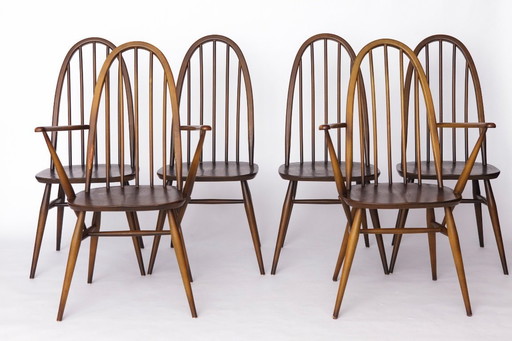 Set of 6 Ercol Quaker Windsor Dining Chairs | 1960s British Mid-Century Modern, Solid Elm Wood, Vintage Design