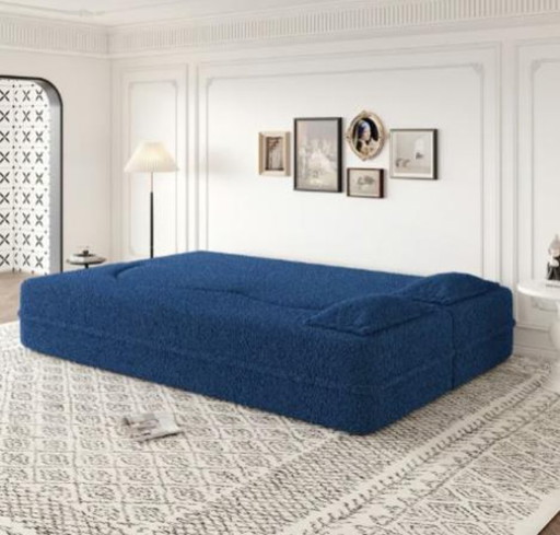 Canapé-lit convertible de sol en tissu Teddy bleu avec 2 oreillers, taille standard 78"