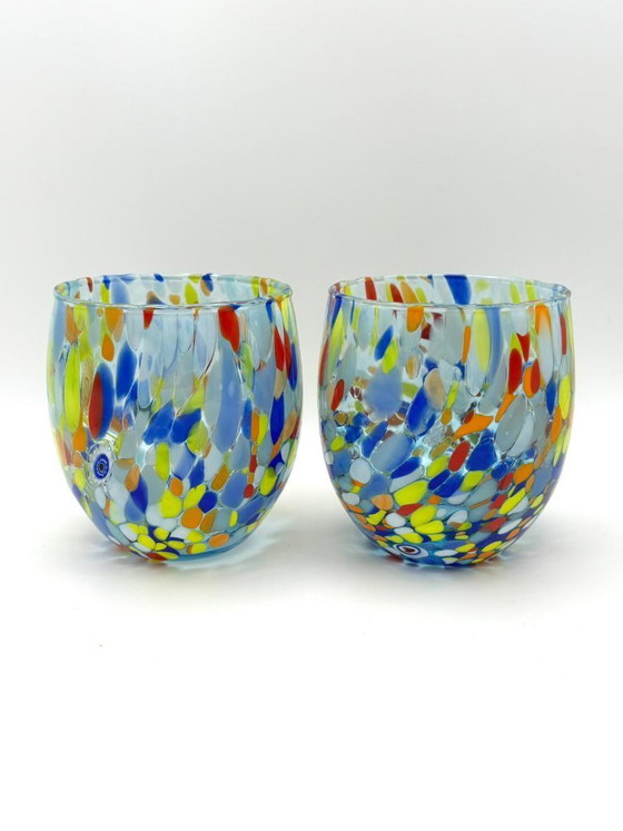 Image 1 of Set di 6 bicchieri in vetro soffiato veneziano con murrine Effetre Murano fuse nel vetro, hand made in italy.