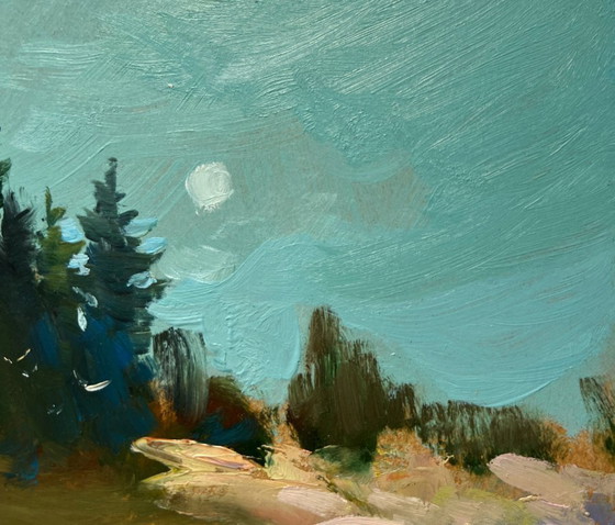 Image 1 of Original Oil Painting Coastal Forest Landscape Forest in the reflection of the river