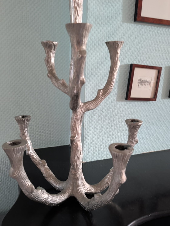 Image 1 of Bougeoir vintage en forme de tronc d'arbre argenté pour 7 bougies