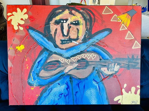 Original Abstract Painting Guitar Player Music Art Signed AK 2003 Modern Expressionist Colorful Wall Decor Canvas 