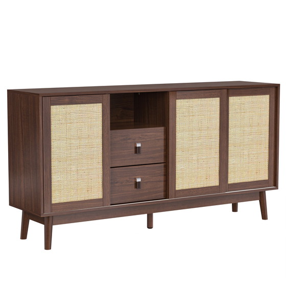 Image 1 of Urban Meuble sideboard in walnut look with 3 sliding rattan doors and 2 drawers 155x38x80cm USOH WALNUT