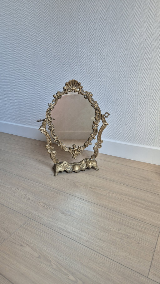 Antique French bronze vanity table mirror — Rococo style — cherubs & shell — late 19th / early 20th century