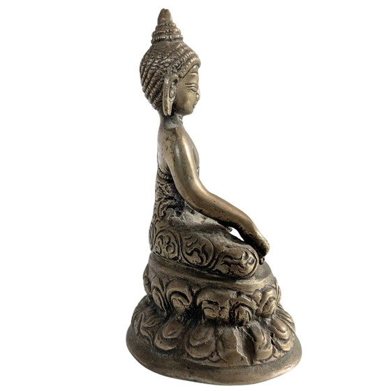 Statua di Buddha in Ottone Antico (10cm) - Bhumisparsha Mudra & Svastica - Nepal – Sculture, Brass (photo 3 of 10)