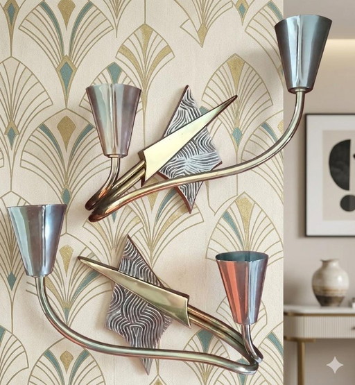 Schitterend paar bronzen wandlampen van Jules Leleu? Art Deco.