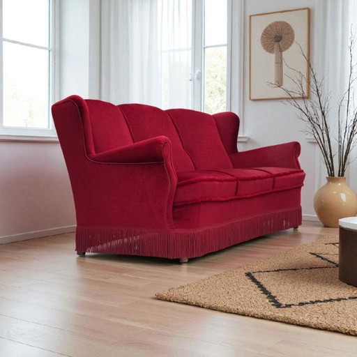 1960s, Danish 3-seater curved sofa, red furniture velour.