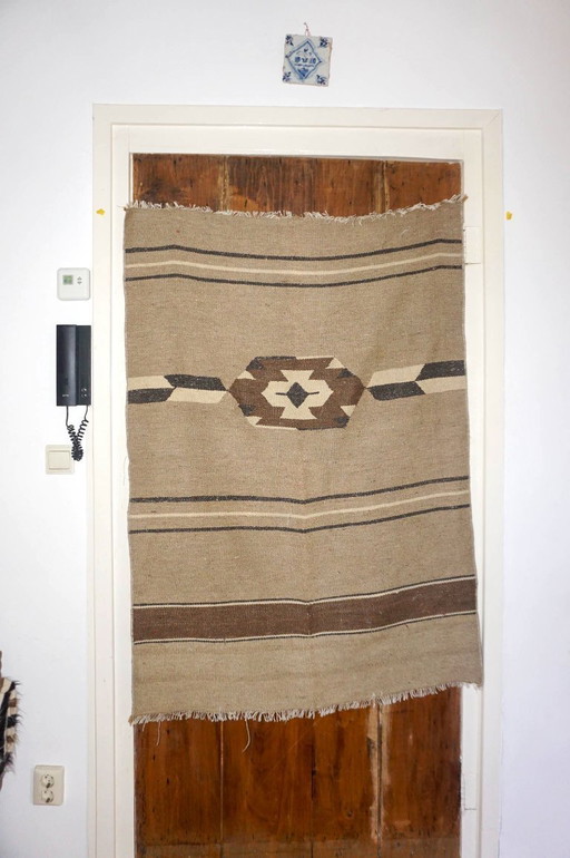 vintage turkish kilim rug * usak region turkey * woven wool * brown beige camel white* geometric design * textile carpet earthy 