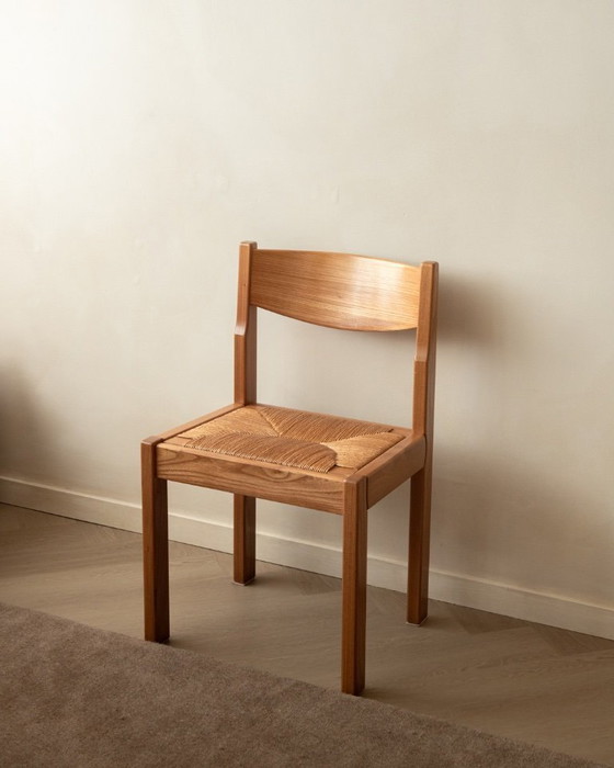 Image 1 of Mid-century eetkamerstoelen van iepenhout en riet van Maison Regain, jaren 70, set van 4