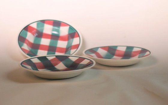 Image 1 of set of three gingham art deco plates