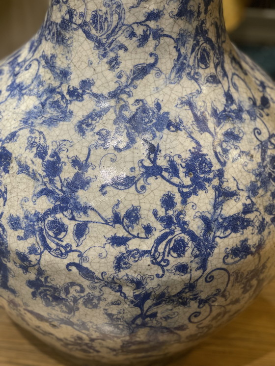 Image 1 of Mega XL large earthenware ceramic vase blue white glaze heavy